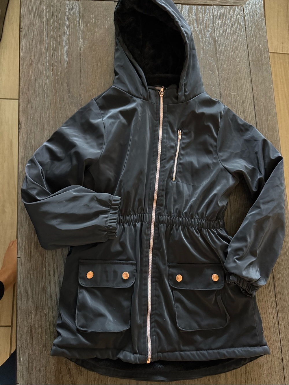 Girls Black Hooded Coat with Rose Gold Zipper - Size 12